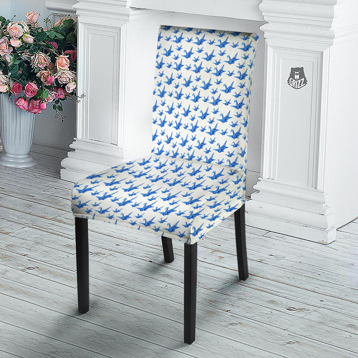Origami Crane Blue Print Pattern Dining Chair Slipcover-grizzshop