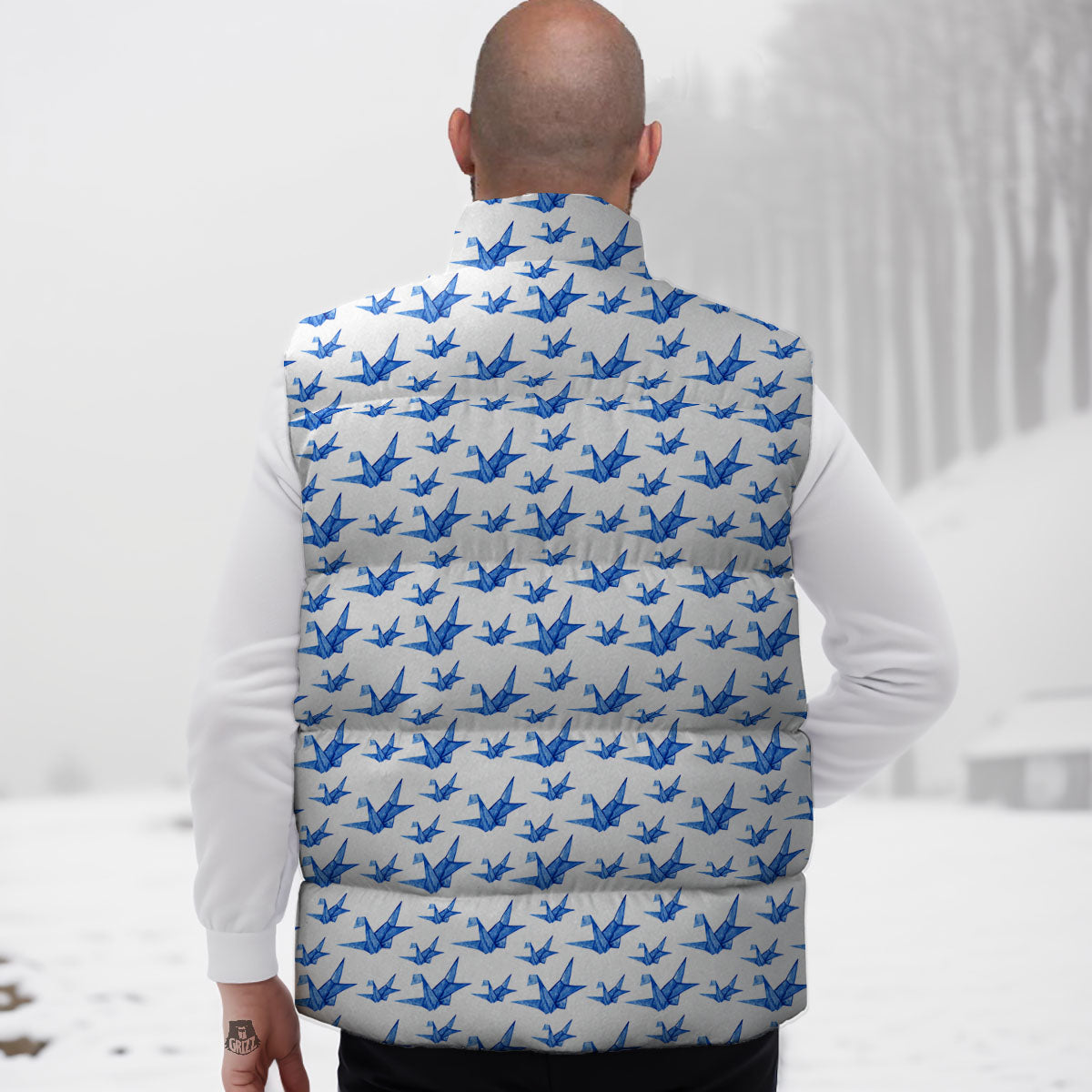Origami Crane Blue Print Pattern Down Vest
