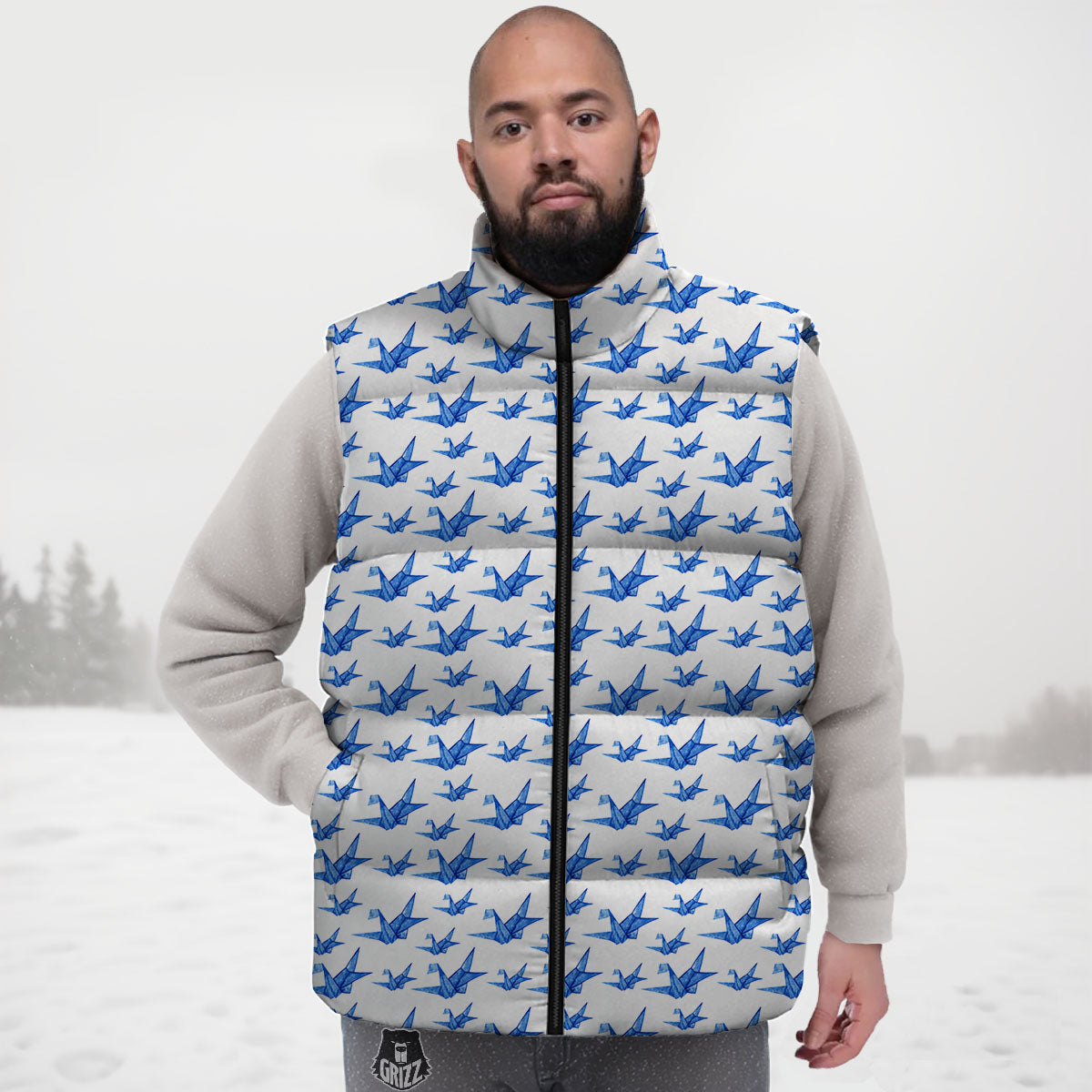 Origami Crane Blue Print Pattern Down Vest