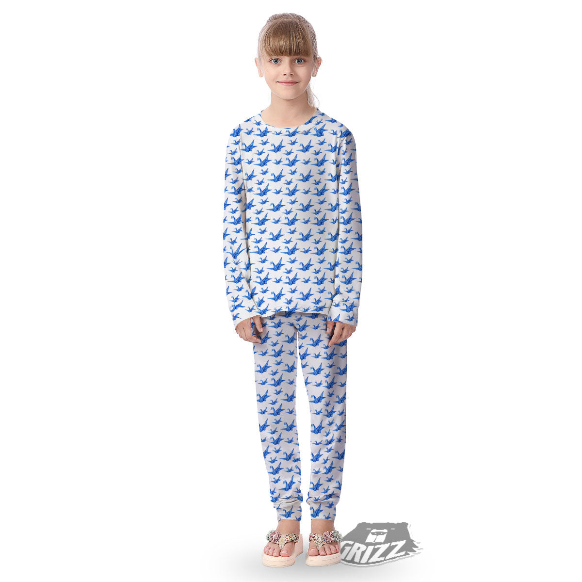 Origami Crane Blue Print Pattern Kid's Pajamas-grizzshop