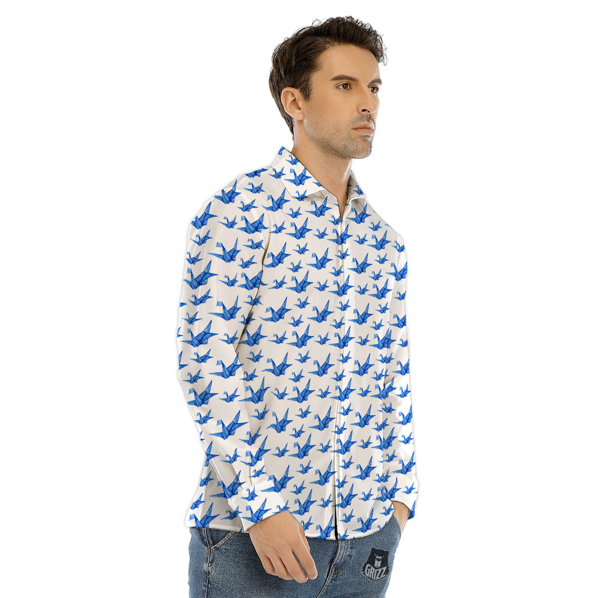 Origami Crane Blue Print Pattern Men's Dress Shirts-grizzshop