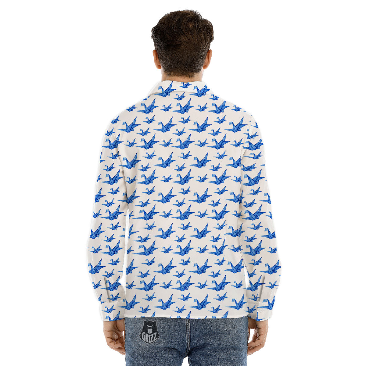 Origami Crane Blue Print Pattern Men's Dress Shirts-grizzshop
