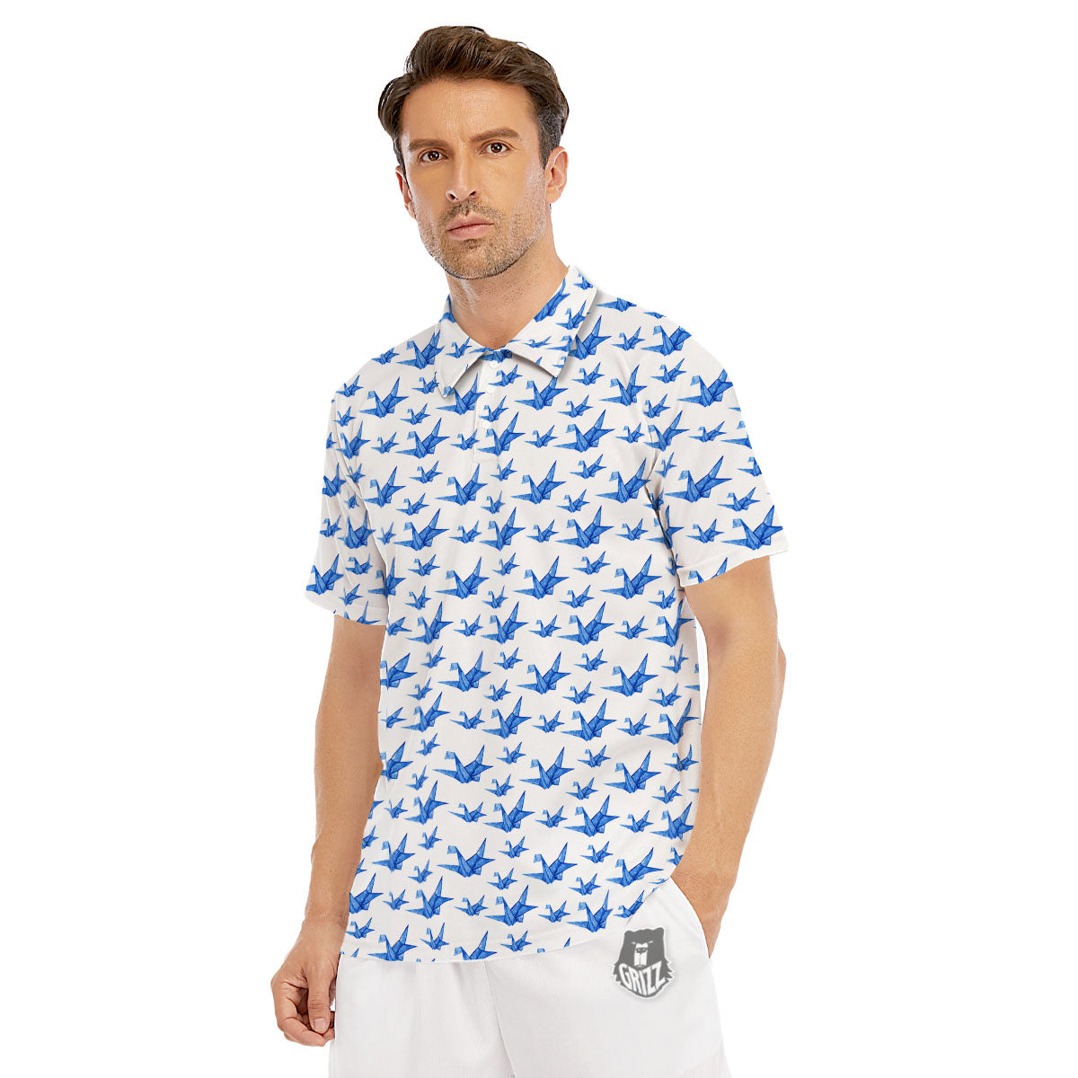 Origami Crane Blue Print Pattern Men's Golf Shirts-grizzshop