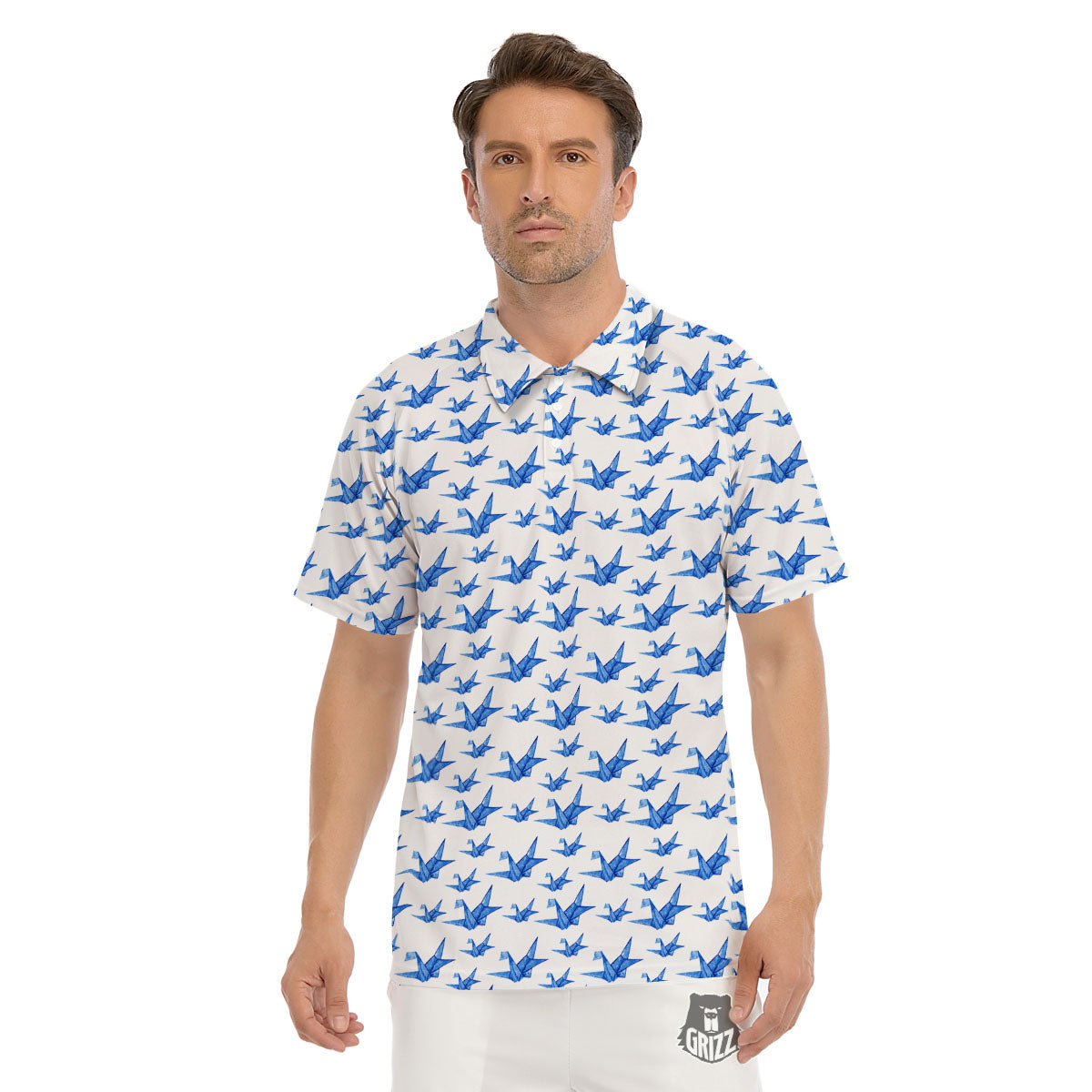 Origami Crane Blue Print Pattern Men's Golf Shirts-grizzshop