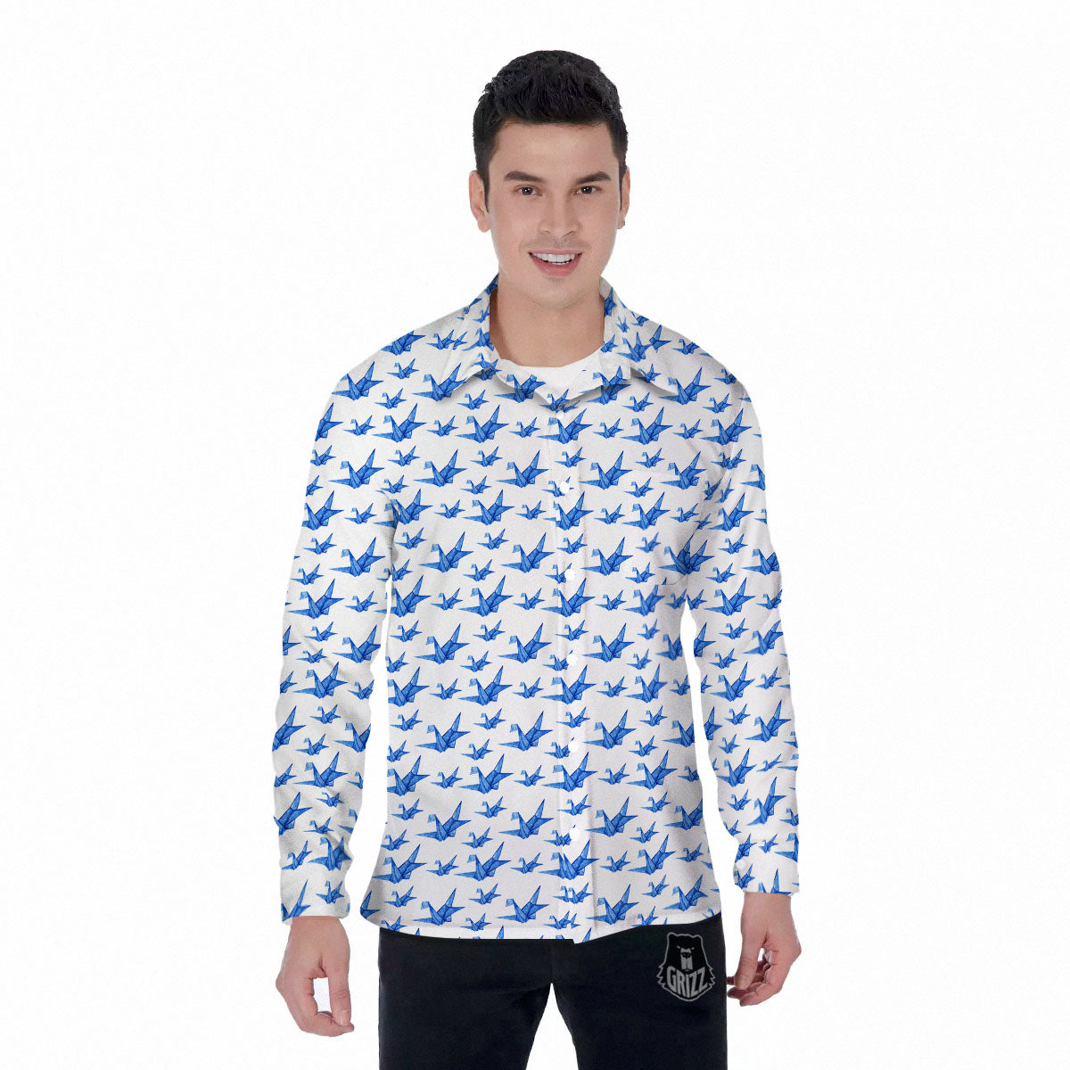 Origami Crane Blue Print Pattern Men's Long Sleeve Shirts-grizzshop