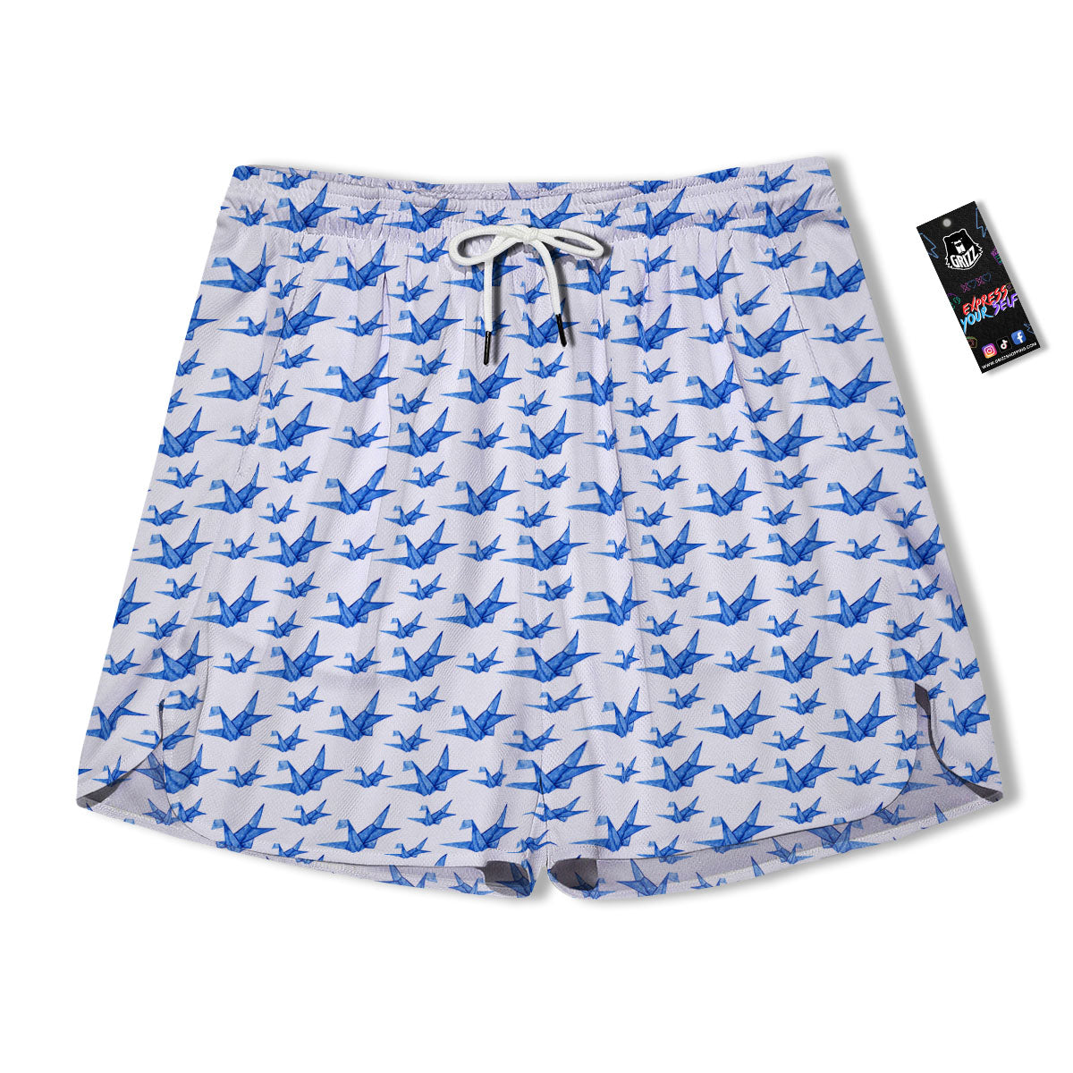 Origami Crane Blue Print Pattern Men's Running Shorts-grizzshop