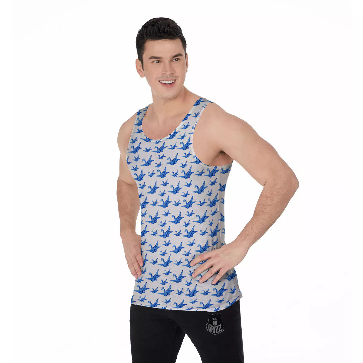 Origami Crane Blue Print Pattern Men's Tank Top-grizzshop