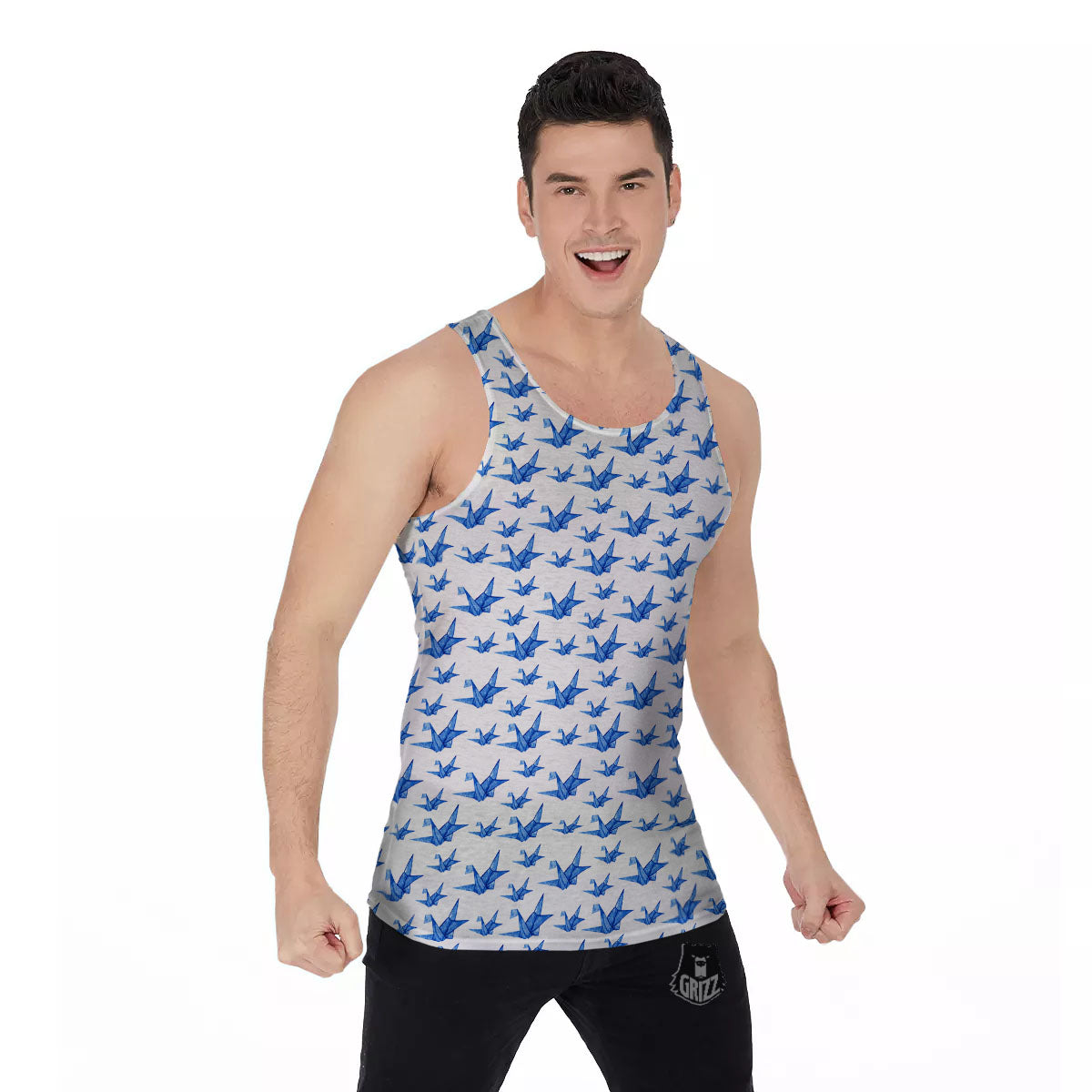 Origami Crane Blue Print Pattern Men's Tank Top-grizzshop