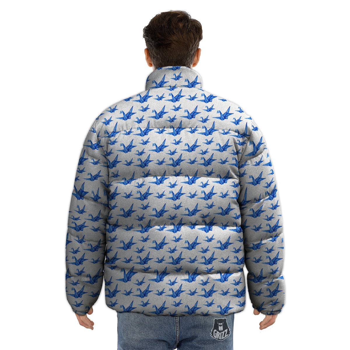 Origami Crane Blue Print Pattern Puffer Jacket-grizzshop