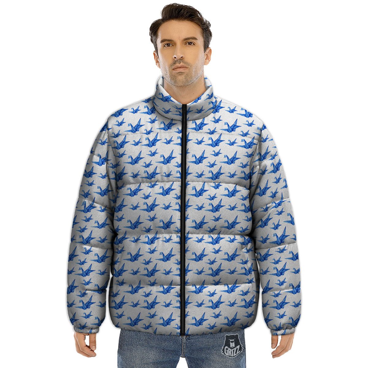 Origami Crane Blue Print Pattern Puffer Jacket-grizzshop