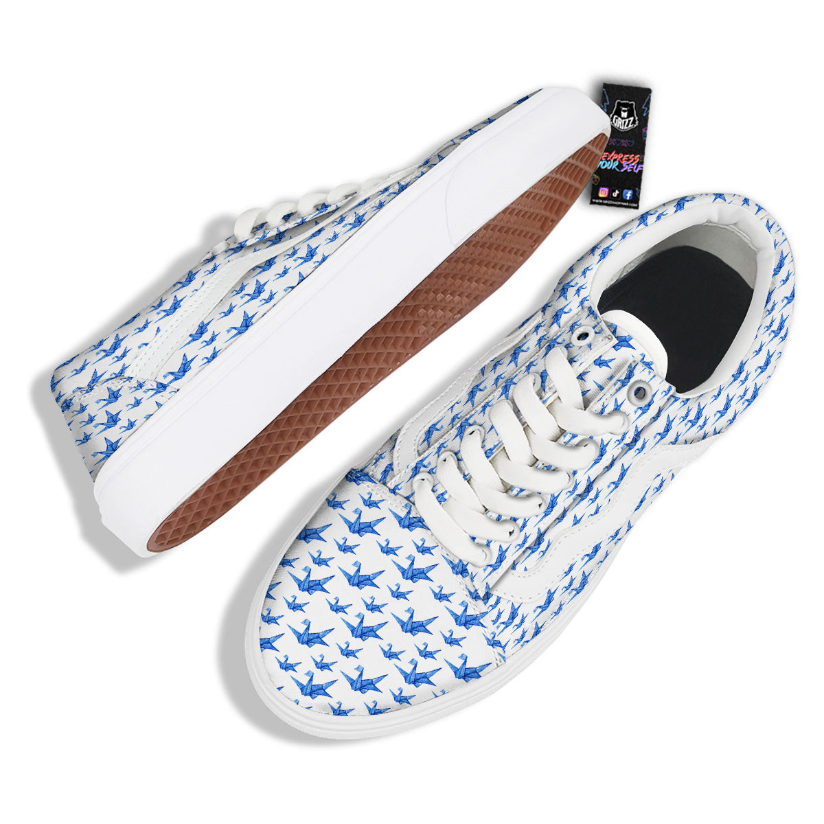 Origami Crane Blue Print Pattern Skate Shoes-grizzshop