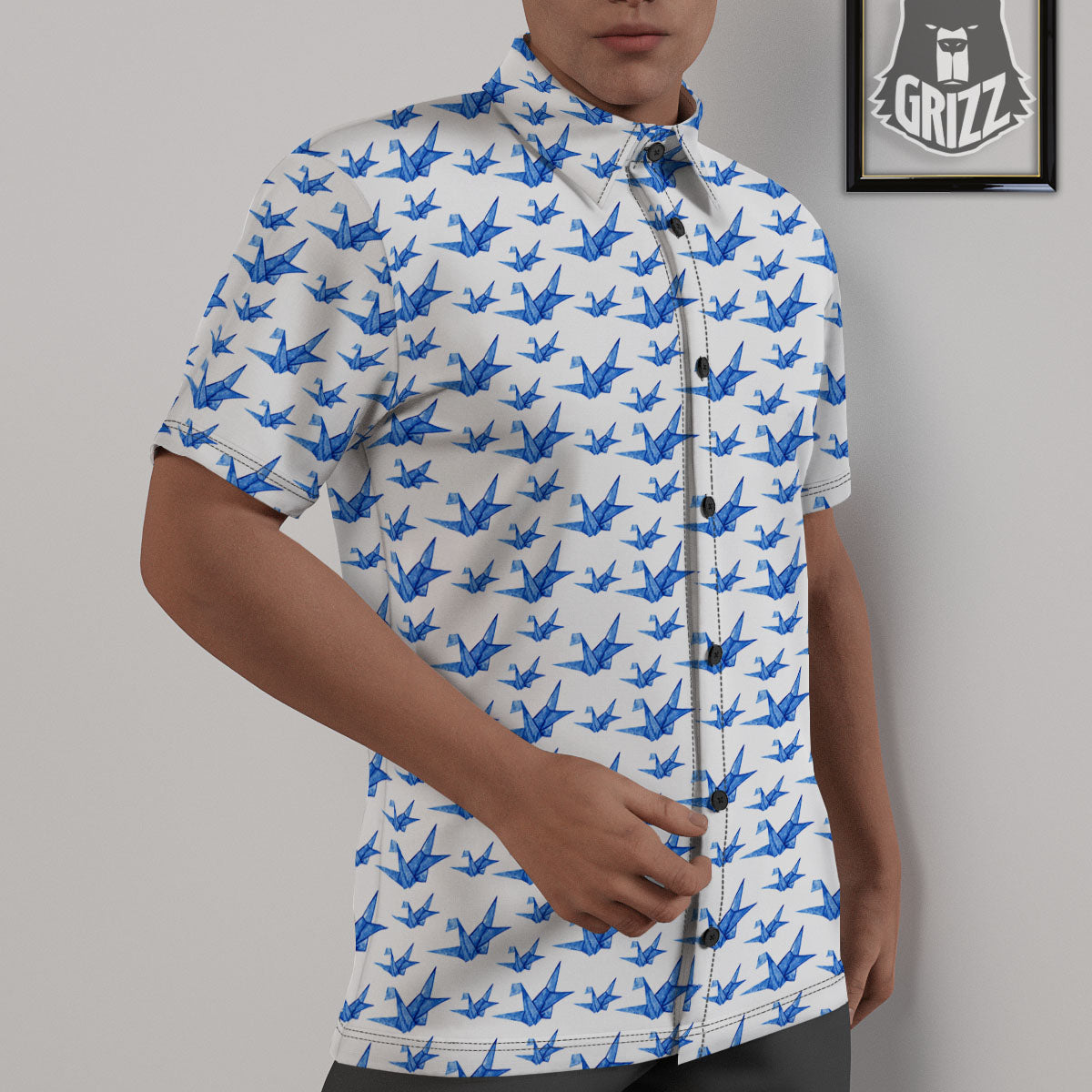 Origami Crane Blue Print Pattern Untucked Shirts-grizzshop