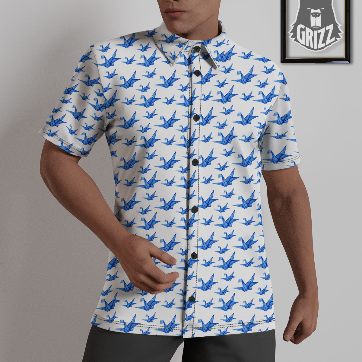 Origami Crane Blue Print Pattern Untucked Shirts-grizzshop