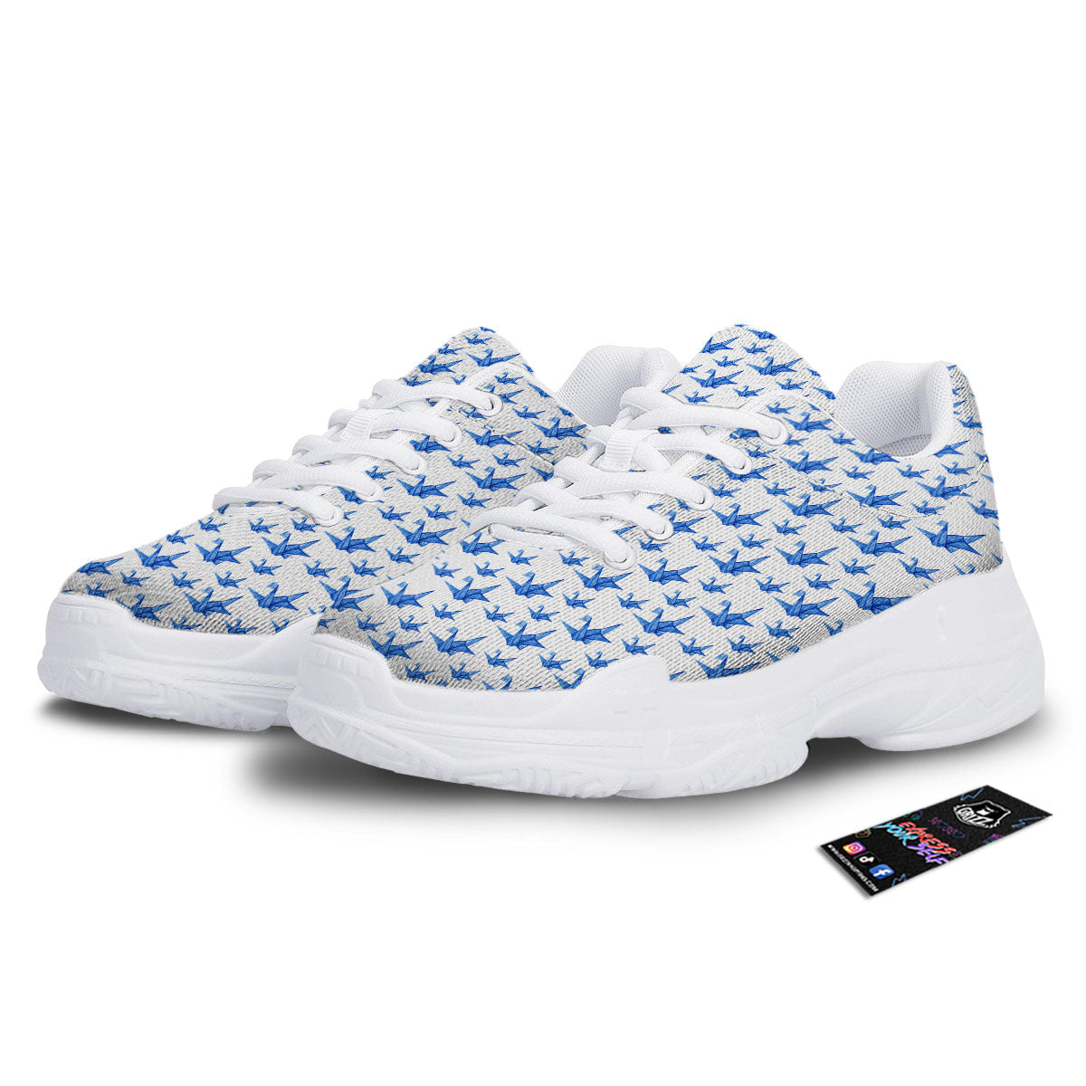 Origami Crane Blue Print Pattern White Chunky Shoes-grizzshop