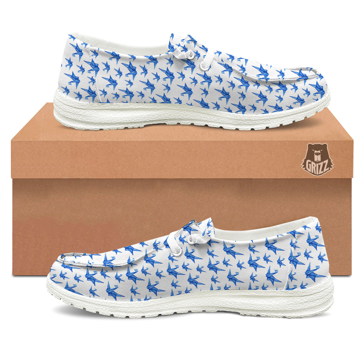 Origami Crane Blue Print Pattern White Loafers-grizzshop