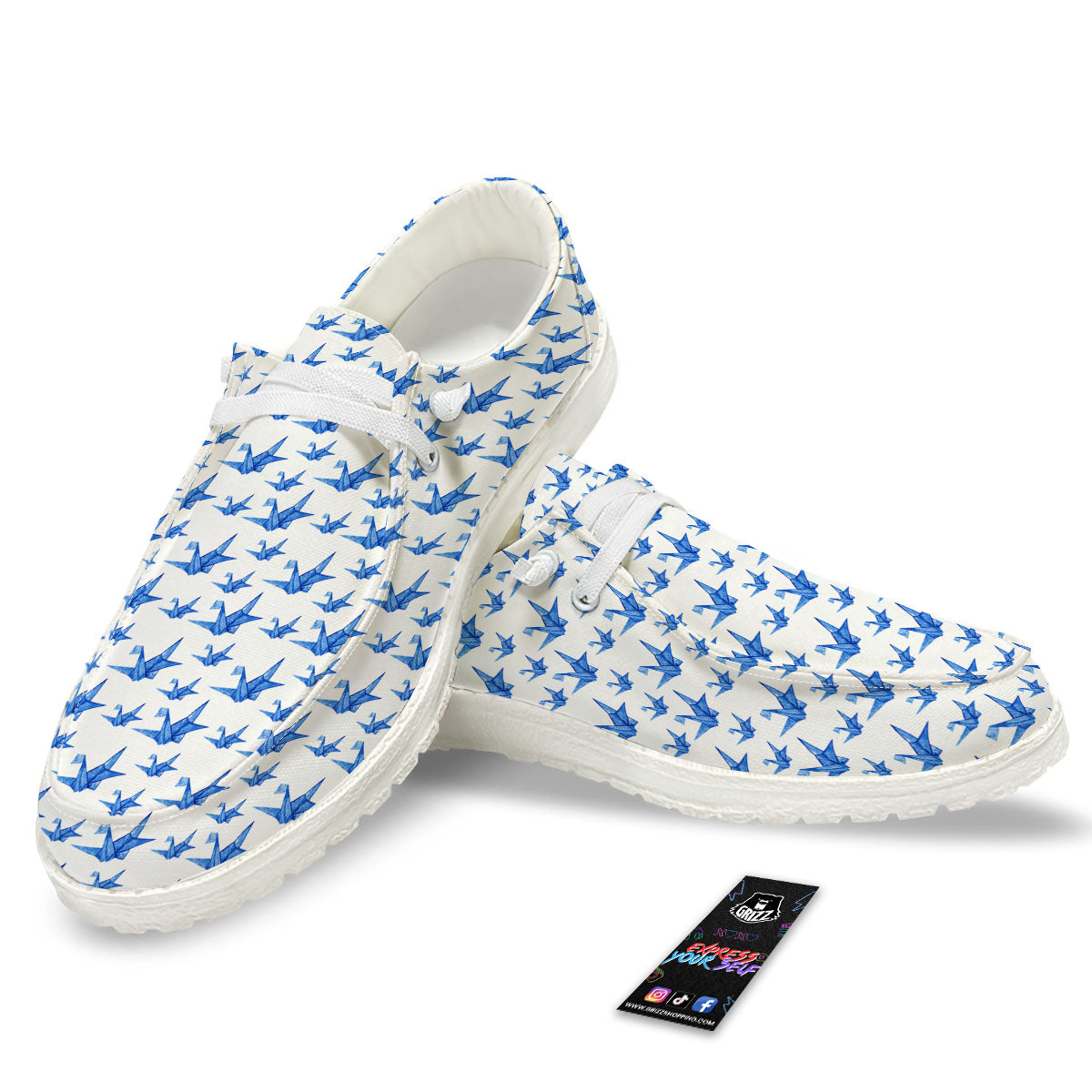 Origami Crane Blue Print Pattern White Loafers-grizzshop