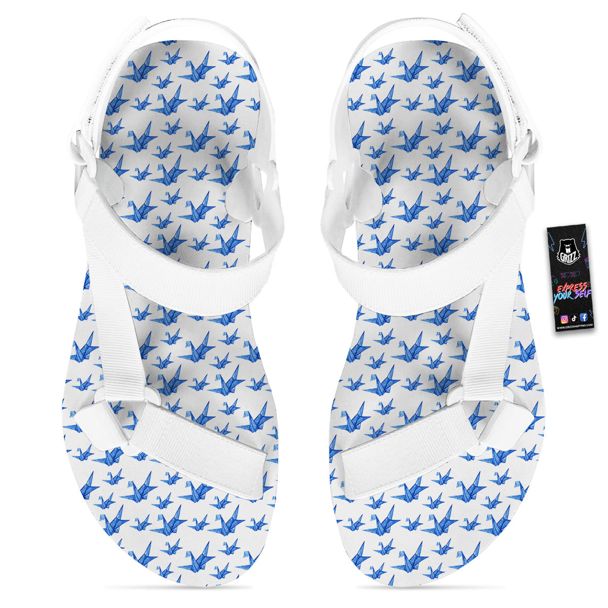 Origami Crane Blue Print Pattern White Open Toe Sandals-grizzshop