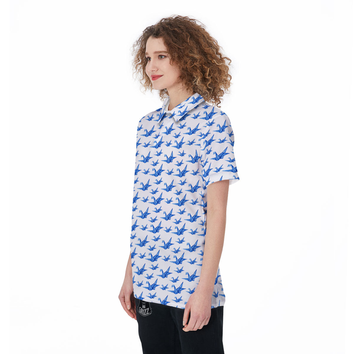 Origami Crane Blue Print Pattern Women's Golf Shirts-grizzshop