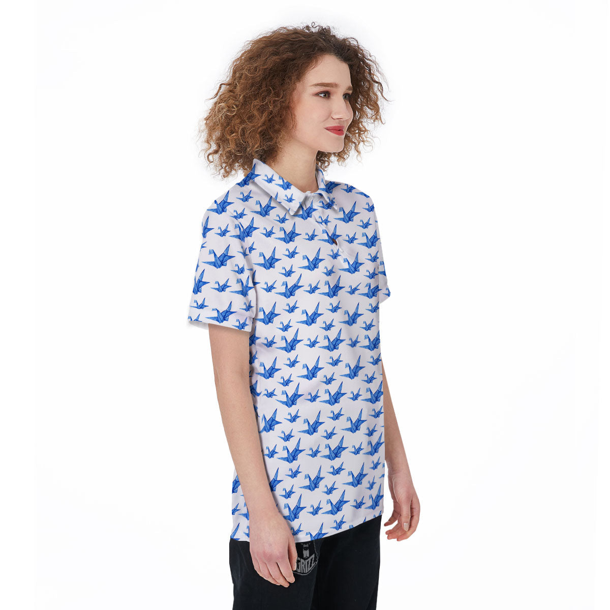 Origami Crane Blue Print Pattern Women's Golf Shirts-grizzshop