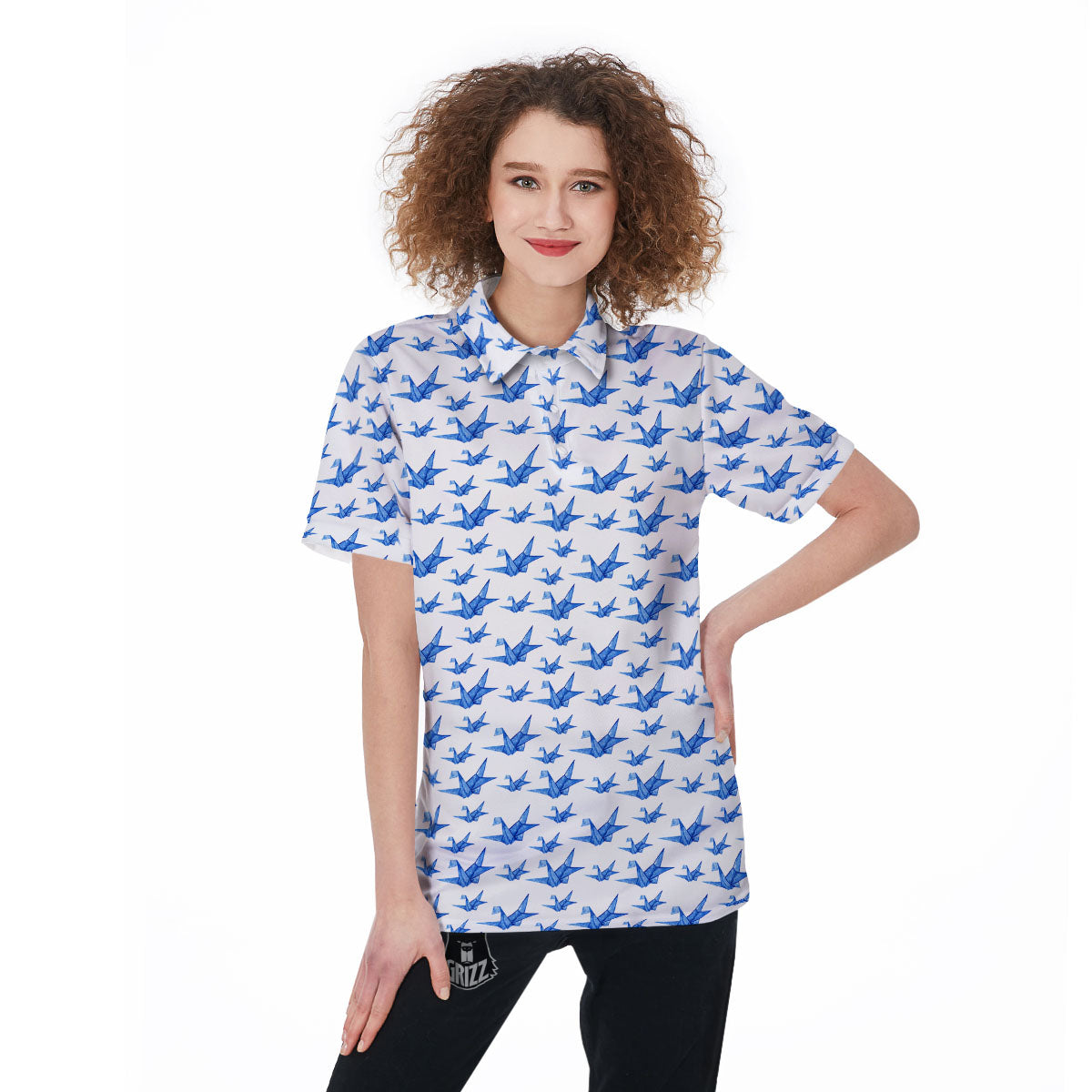 Origami Crane Blue Print Pattern Women's Golf Shirts-grizzshop