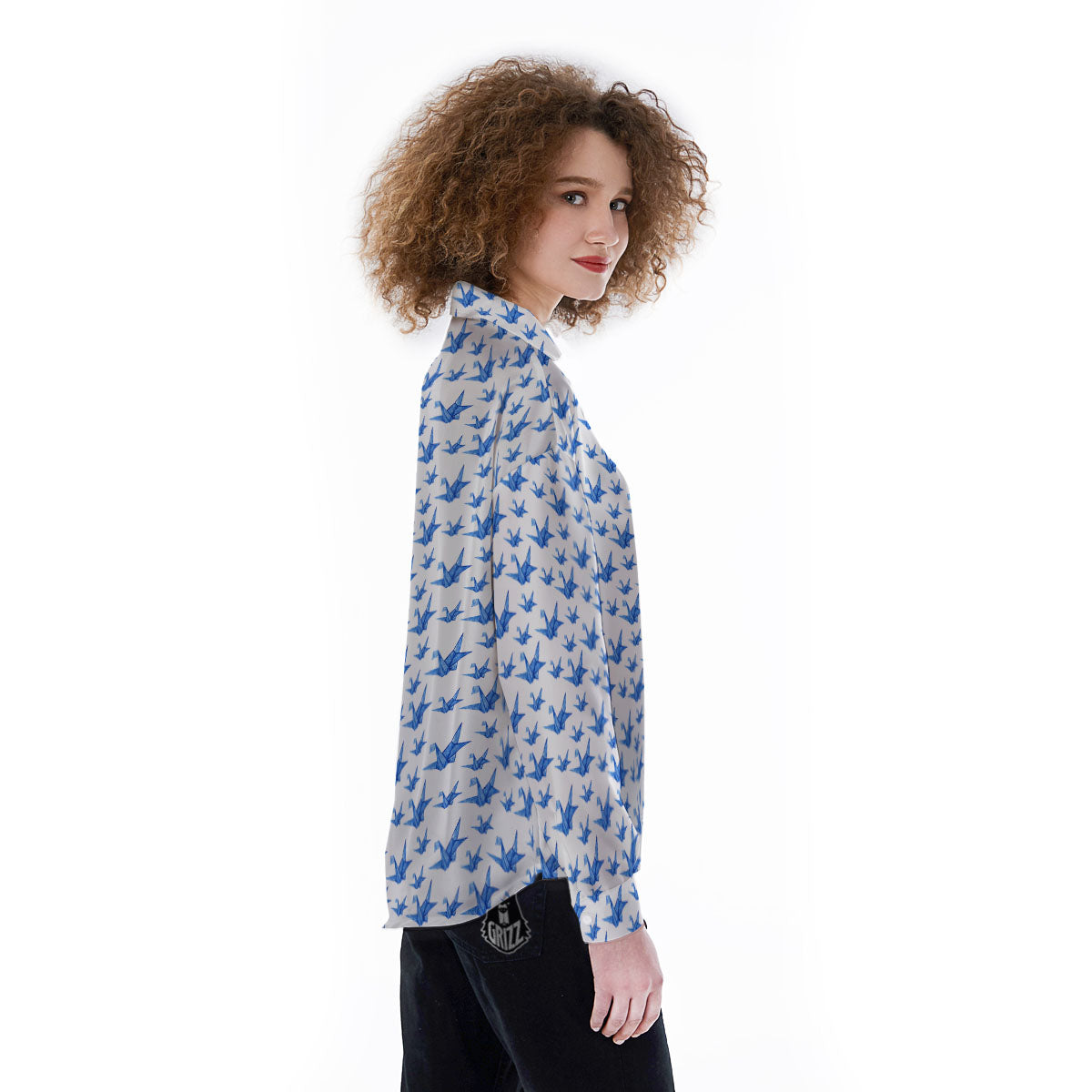 Origami Crane Blue Print Pattern Women's Long Sleeve Shirts-grizzshop