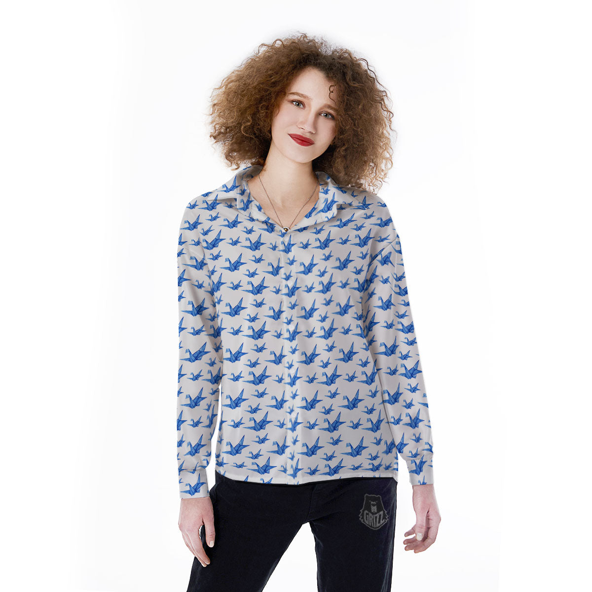Origami Crane Blue Print Pattern Women's Long Sleeve Shirts-grizzshop