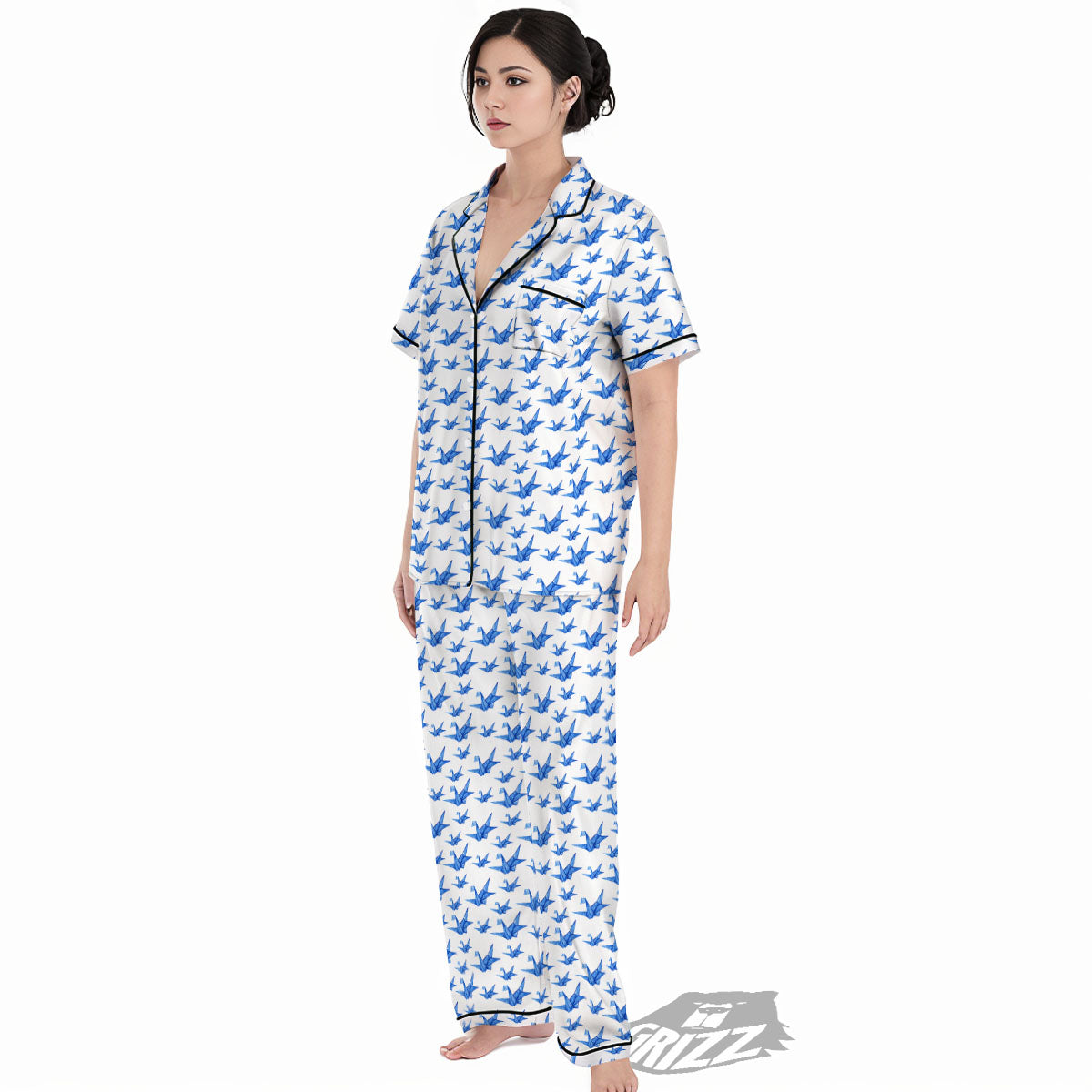 Origami Crane Blue Print Pattern Women's Pajamas Set-grizzshop