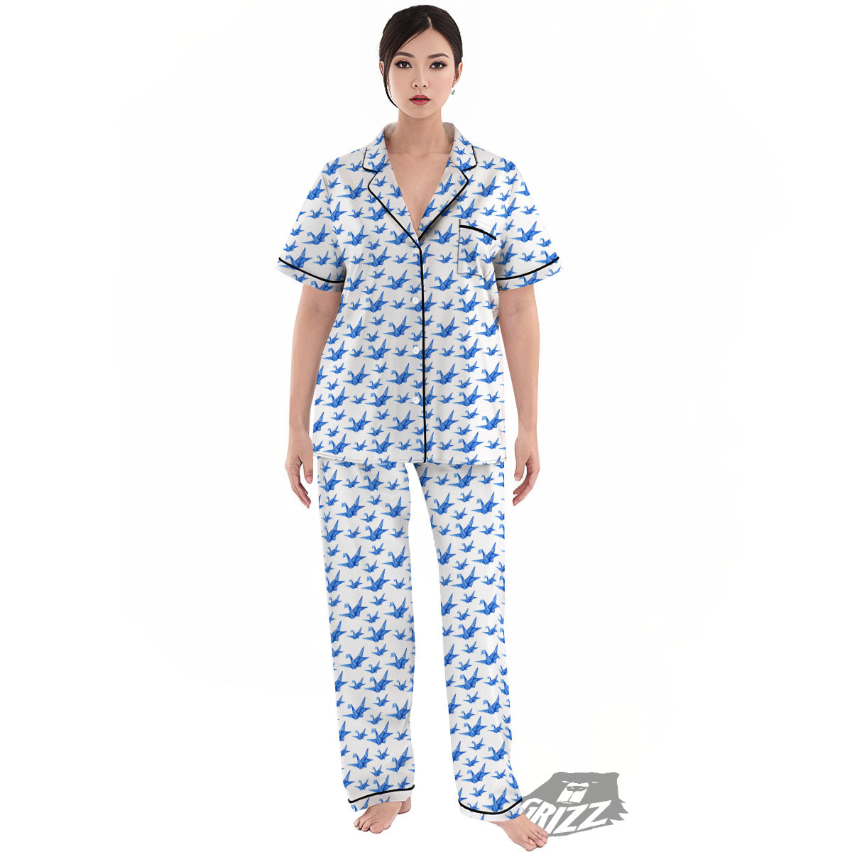 Origami Crane Blue Print Pattern Women's Pajamas Set-grizzshop