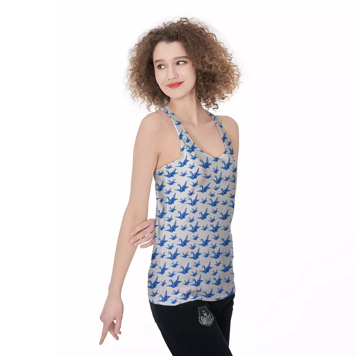 Origami Crane Blue Print Pattern Women's Racerback Tank Top-grizzshop
