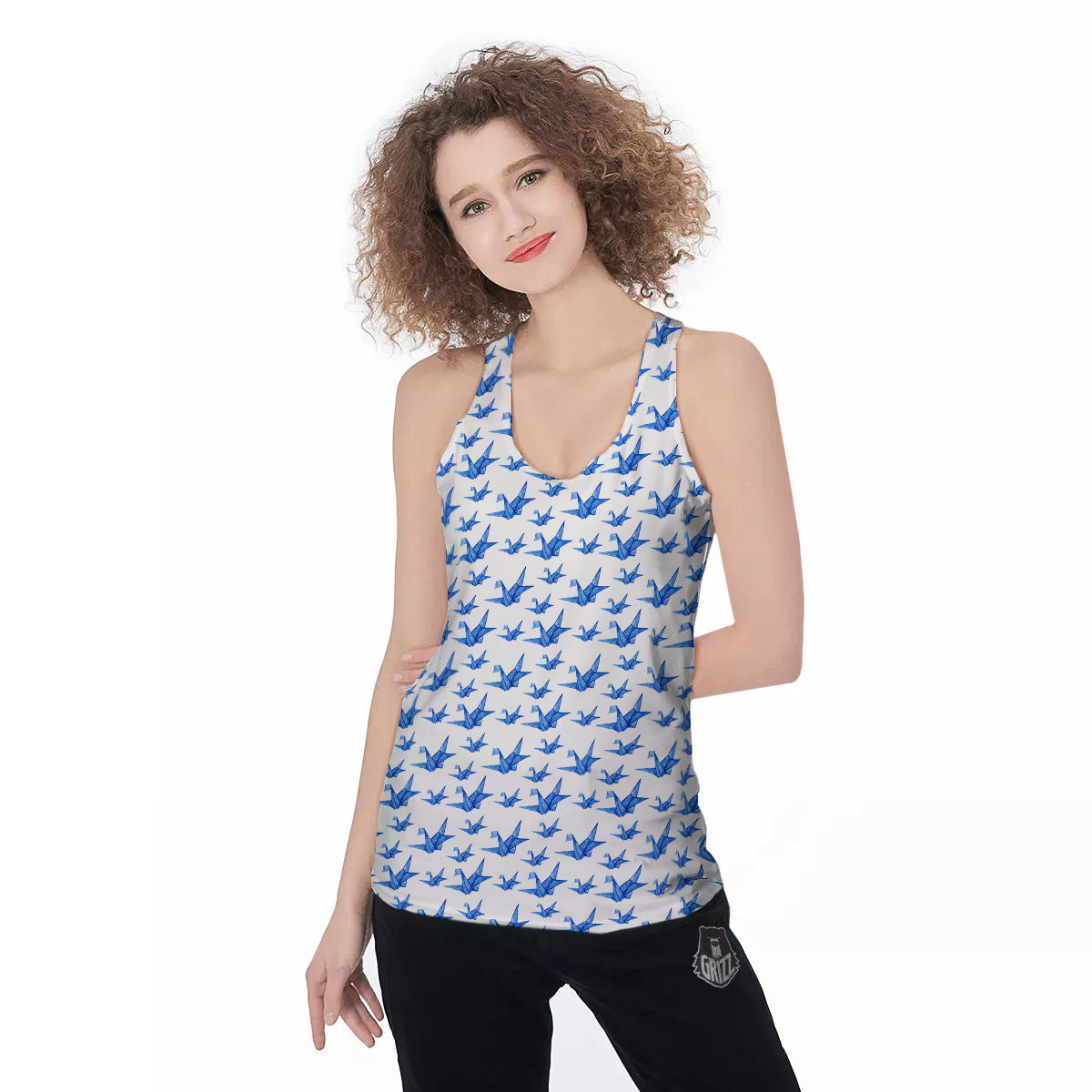 Origami Crane Blue Print Pattern Women's Racerback Tank Top-grizzshop
