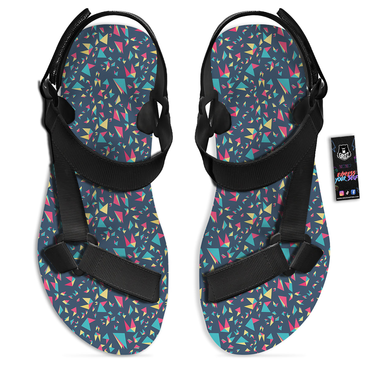 Origami Crane Colorful Print Pattern Black Open Toe Sandals-grizzshop
