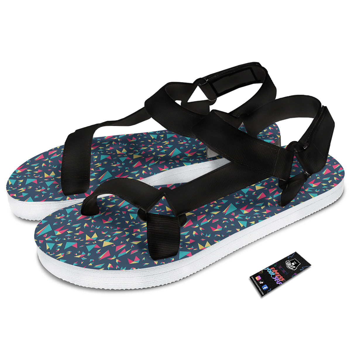 Origami Crane Colorful Print Pattern Black Open Toe Sandals-grizzshop