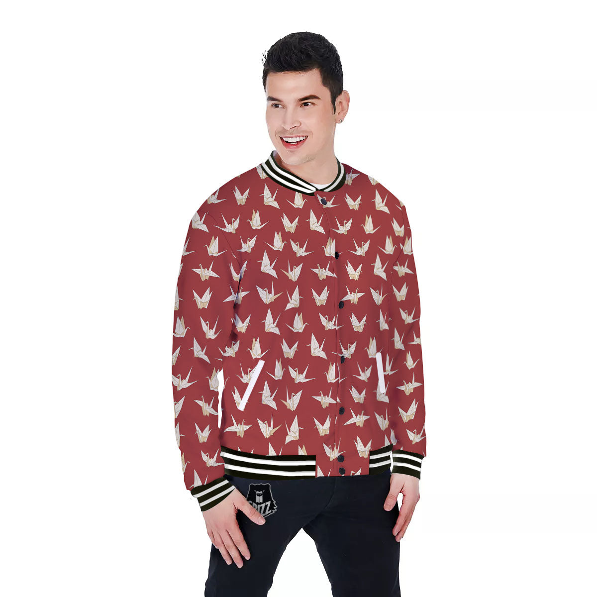 Origami Crane Japanese Print Pattern Baseball Jacket-grizzshop