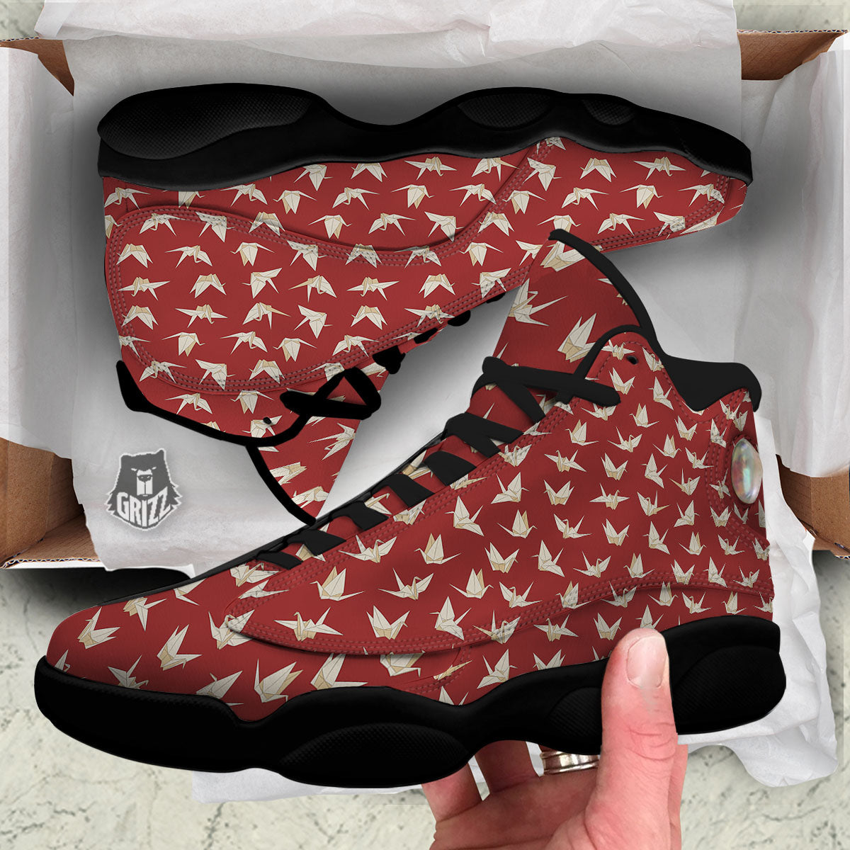 Origami Crane Japanese Print Pattern Black Basketball Shoes-grizzshop