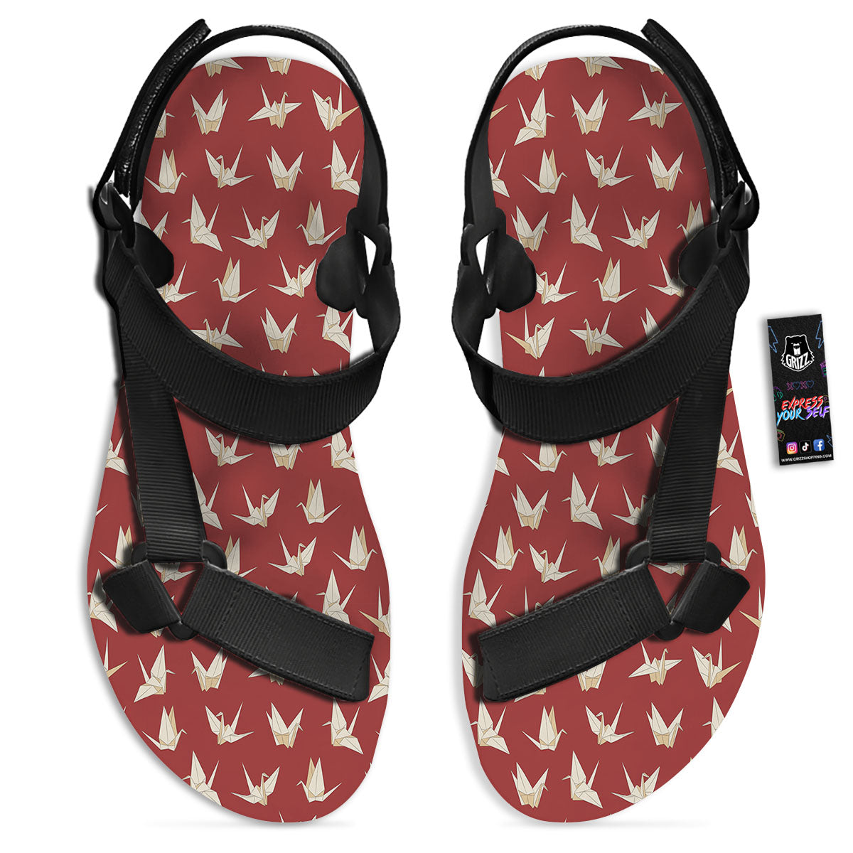 Origami Crane Japanese Print Pattern Black Open Toe Sandals-grizzshop