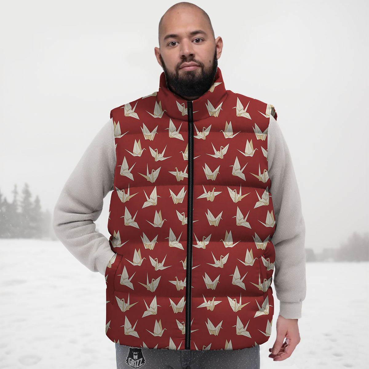 Origami Crane Japanese Print Pattern Down Vest