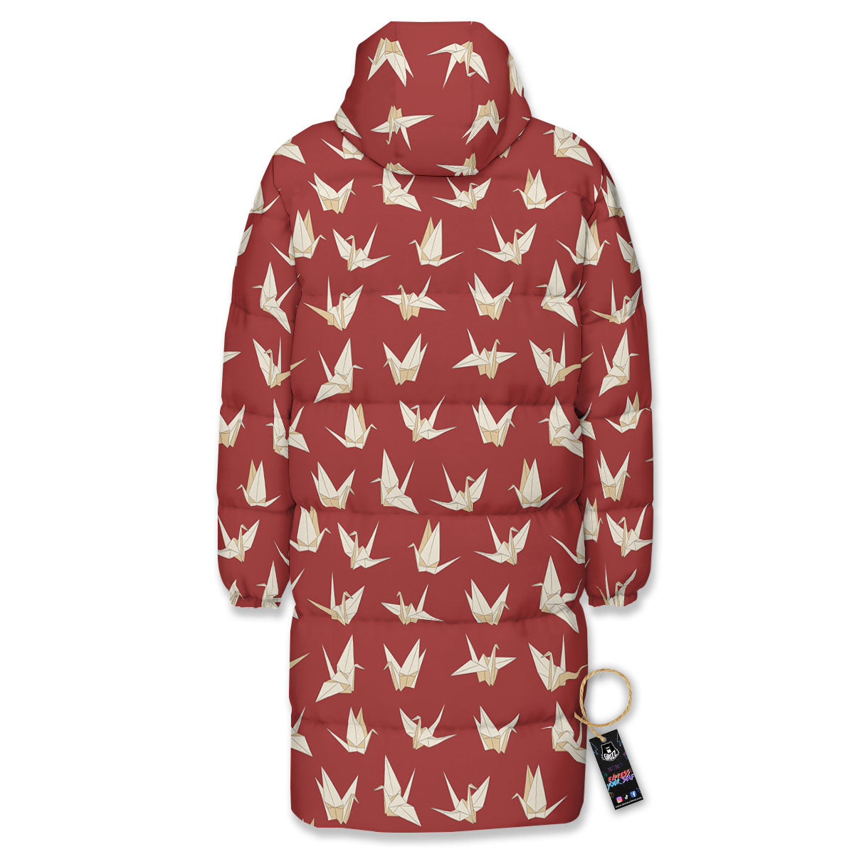 Origami Crane Japanese Print Pattern Long Down Jacket-grizzshop