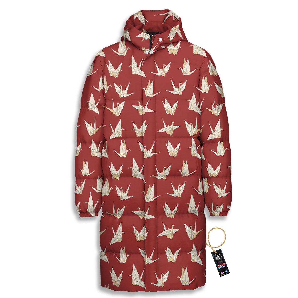Origami Crane Japanese Print Pattern Long Down Jacket-grizzshop