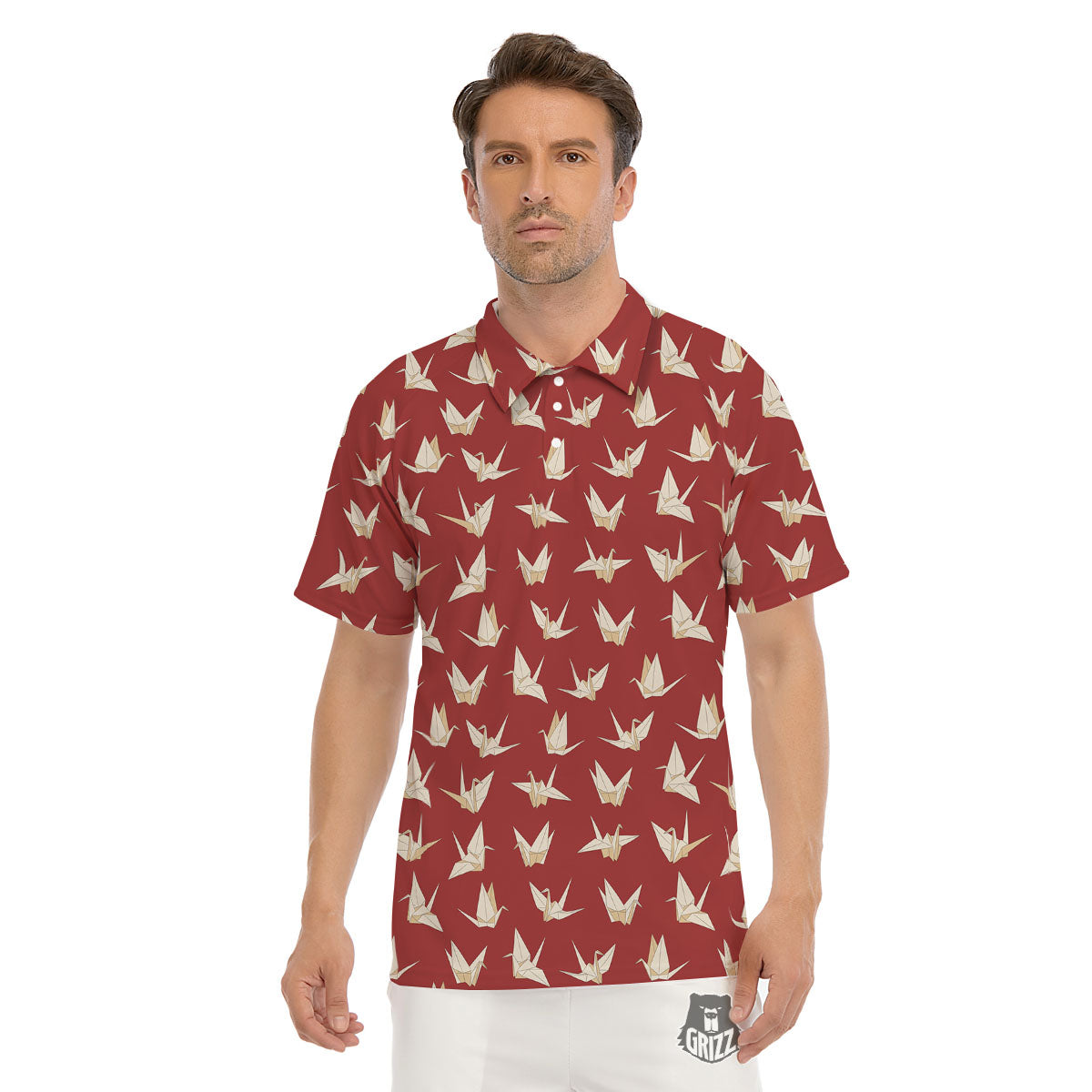 Origami Crane Japanese Print Pattern Men's Golf Shirts-grizzshop