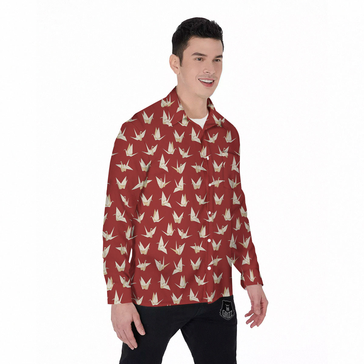 Origami Crane Japanese Print Pattern Men's Long Sleeve Shirts-grizzshop
