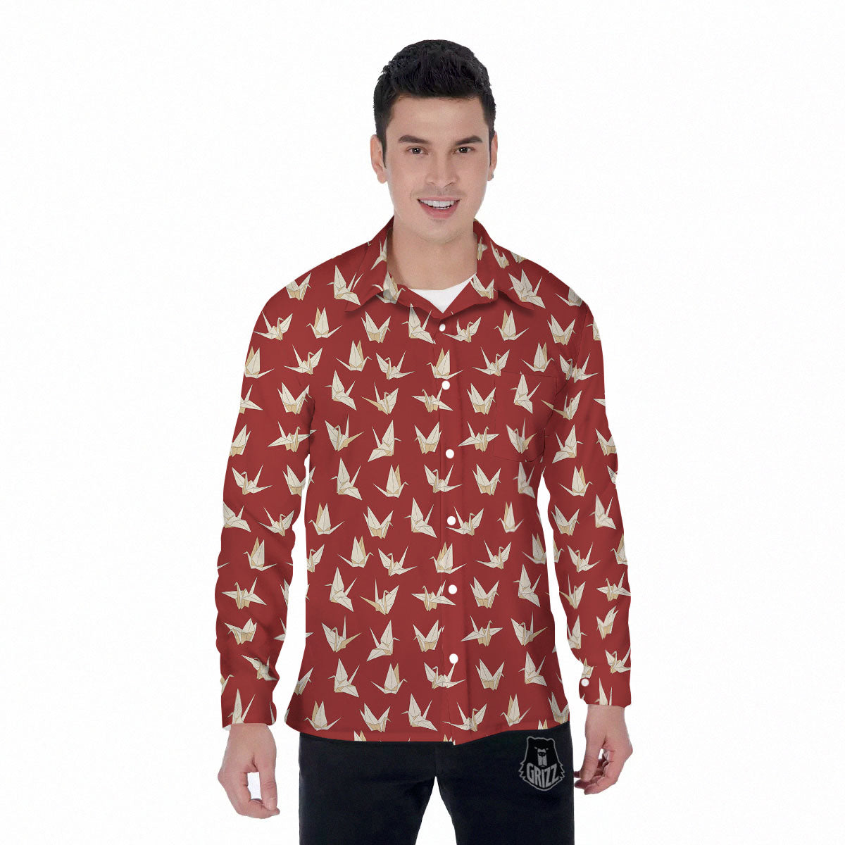 Origami Crane Japanese Print Pattern Men's Long Sleeve Shirts-grizzshop