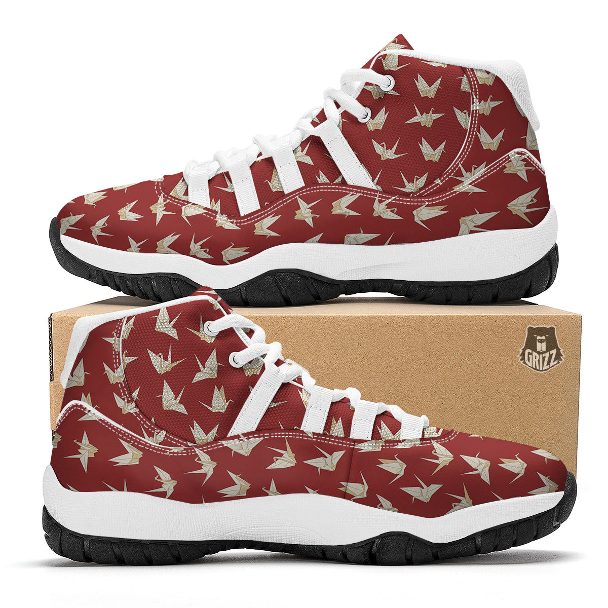 Origami Crane Japanese Print Pattern White Bball Shoes-grizzshop