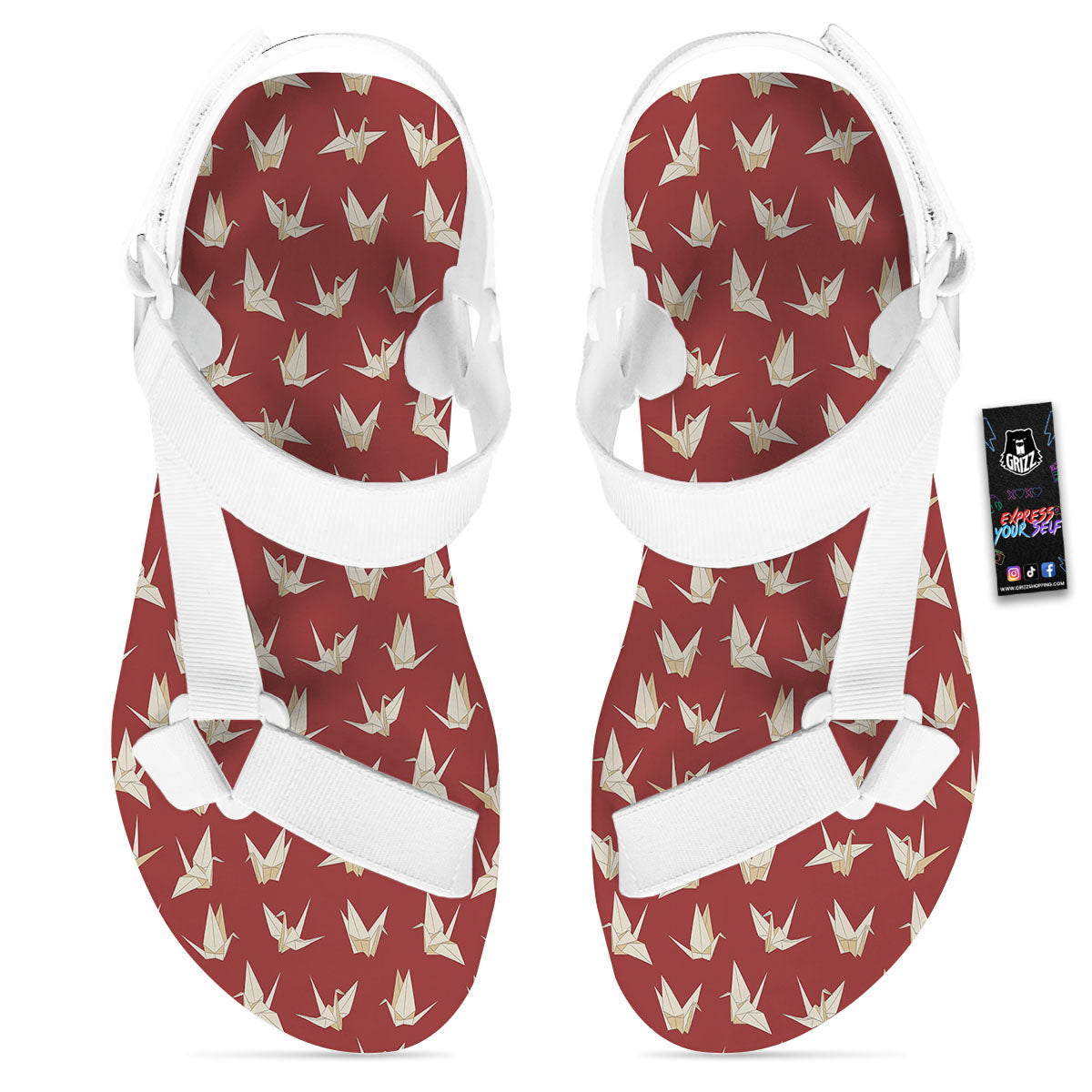 Origami Crane Japanese Print Pattern White Open Toe Sandals-grizzshop