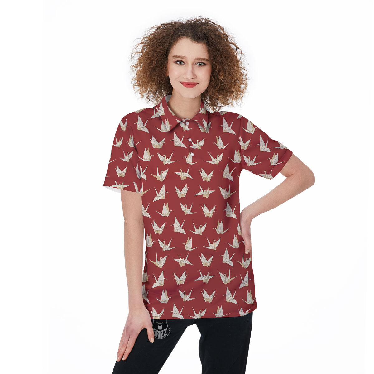 Origami Crane Japanese Print Pattern Women's Golf Shirts-grizzshop