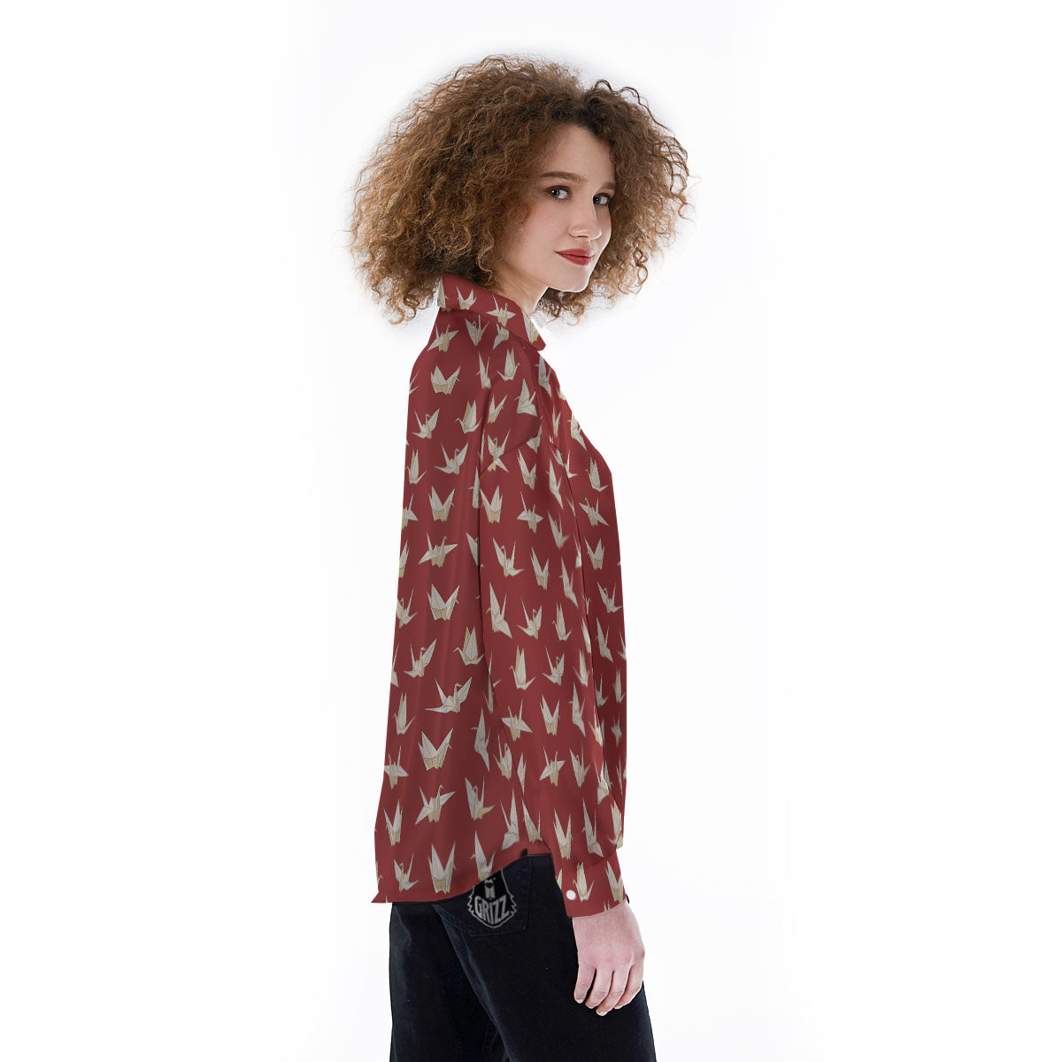 Origami Crane Japanese Print Pattern Women's Long Sleeve Shirts-grizzshop
