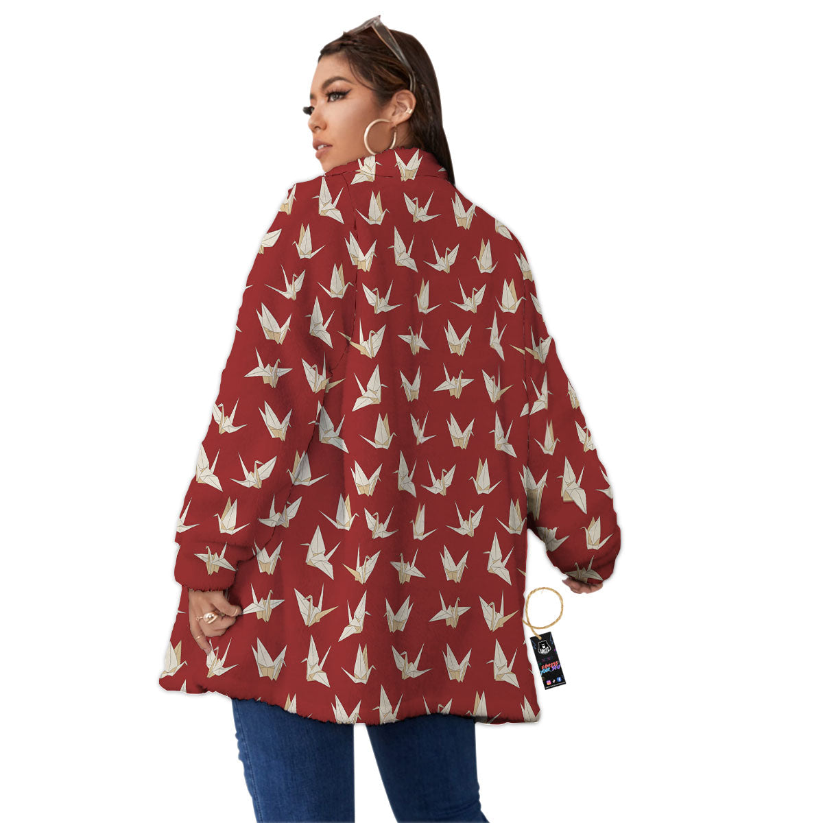 Origami Crane Japanese Print Pattern Women's Sherpa Jacket-grizzshop