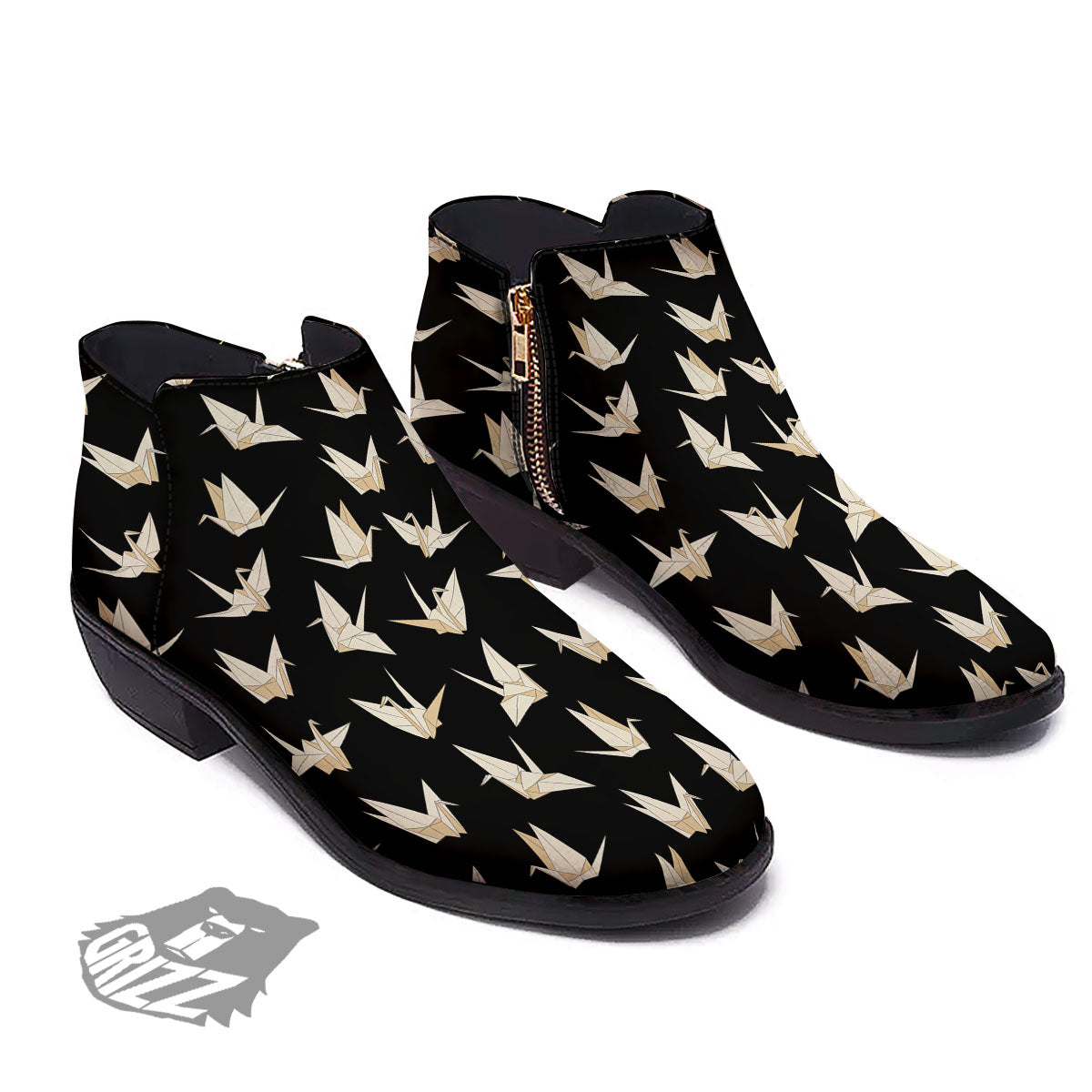 Origami White And Black Print Pattern Ankle Boots-grizzshop