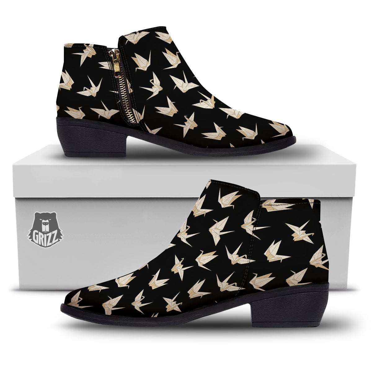 Origami White And Black Print Pattern Ankle Boots-grizzshop