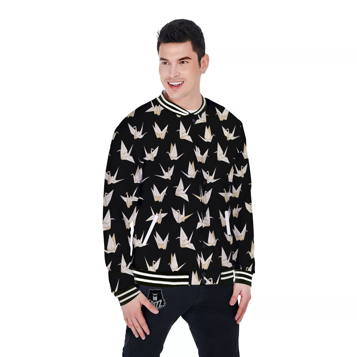 Origami White And Black Print Pattern Baseball Jacket-grizzshop