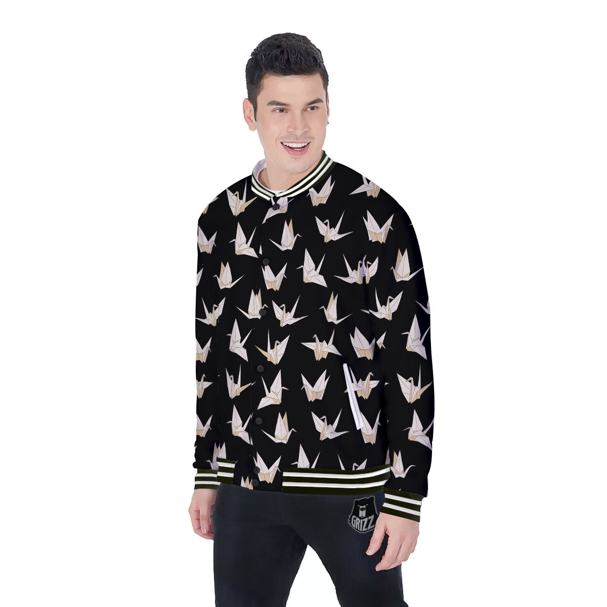 Origami White And Black Print Pattern Baseball Jacket-grizzshop